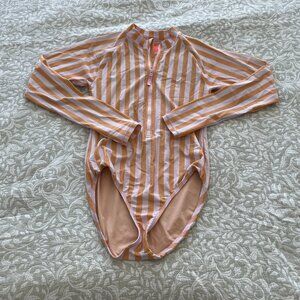 Crewcut J Crew Girls Rashguard Swim Suit Size 14 One Piece Coral Pink Striped